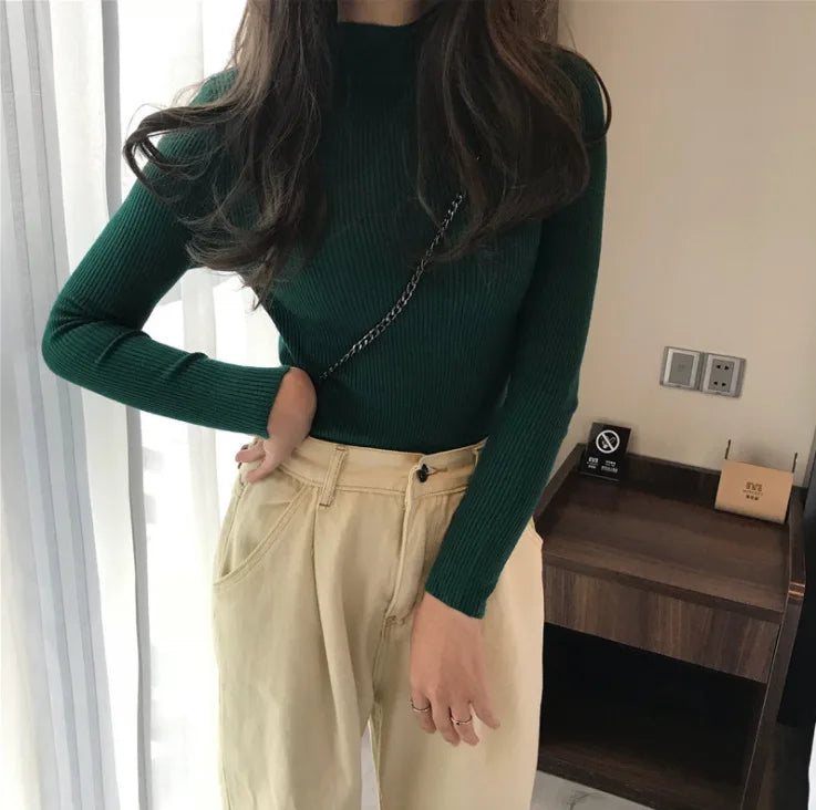 Sweater Top Women Ribbed Soft Mock Neck Elastic Pullover Warm Solid Color Slim Jumper-Dollar Bargains Online Shopping Australia