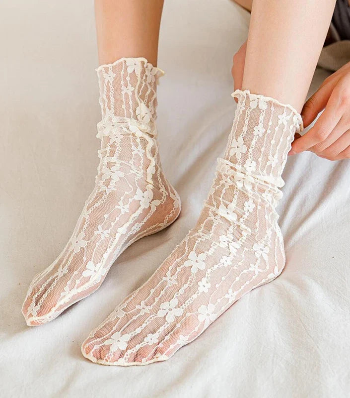 Women Sexy Lace Flower Fashion Ultra-thin Transparent Summer Japan Style Hollow Mesh Crew Socks Harajuku Retro Long Kawaii Socks-Dollar Bargains Online Shopping Australia