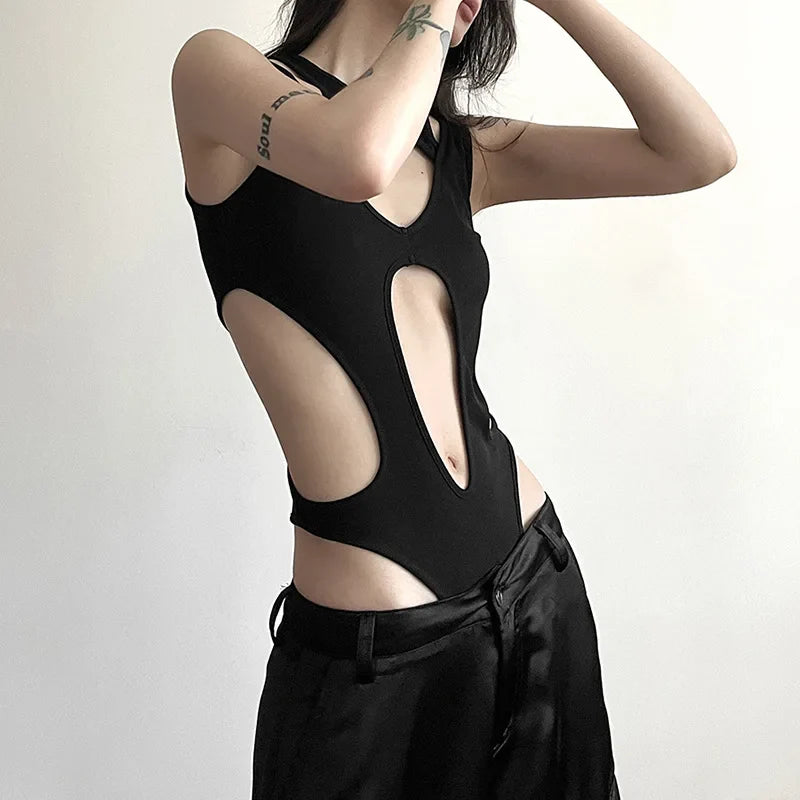 Mall Gothic Hollow Out Sexy Bodysuits Techwear Fashion Y2k Patchwork Tops Women Grunge Backless High Cut Slim Bodysuit-Dollar Bargains Online Shopping Australia