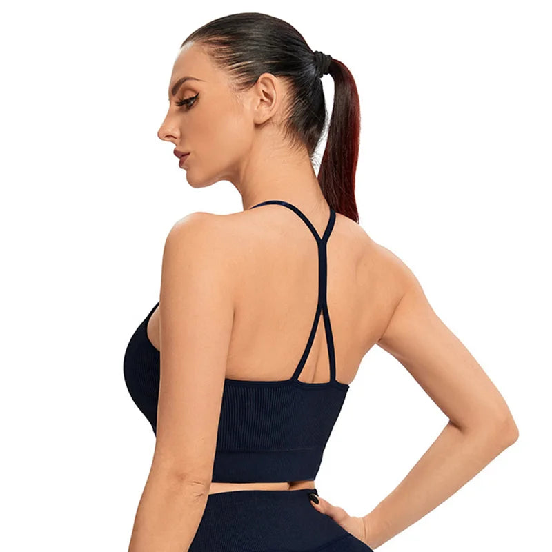 Seamless Ribbed Sports Bra Women Yoga Crop Top Padded Push Up Workout Tank Top