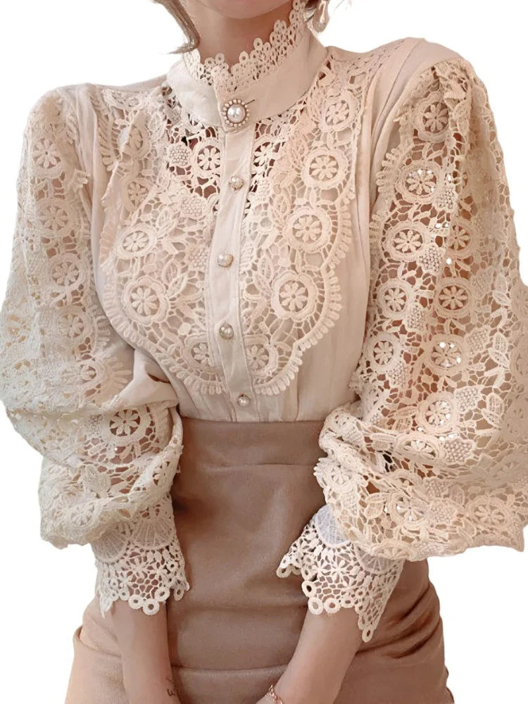 Women Chiffon Button Turtleneck Shirt Chic Elegant Floral Lace Fluffy Long Sleeve Top Fashion Hollow Oversize White Blouse-Dollar Bargains Online Shopping Australia