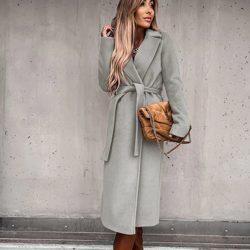 Warm Long Women Woolen Coat with Belt Casual Elegant Solid Color Female Windbreakers Overcoat