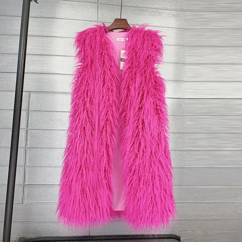 Faux Fur Women Long Vest Colorful Warm Faux Fur Big Size Plush Coats Female Jacket Autumn Winter Furry-Dollar Bargains Online Shopping Australia