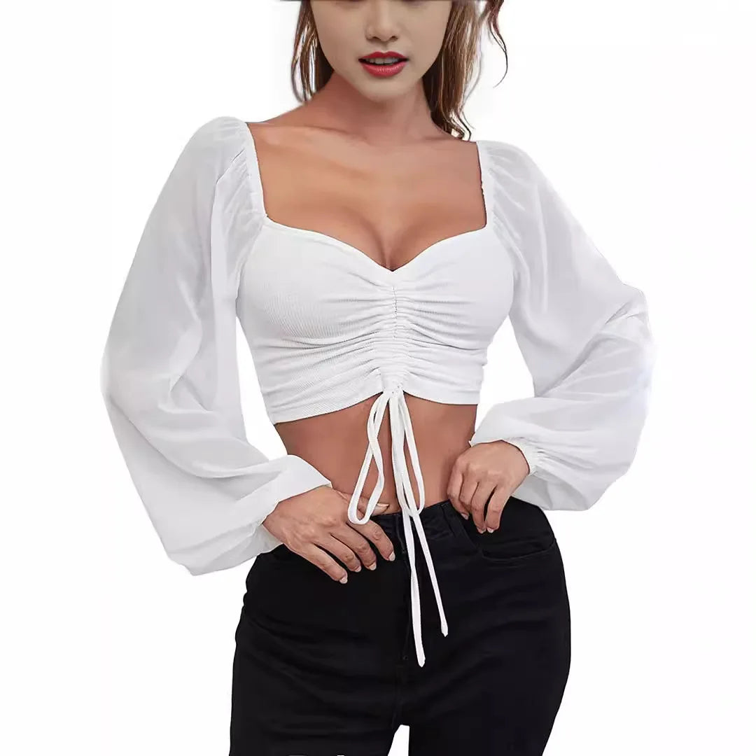 Mesh Lantern Sleeves Drawstring Wrap Chest Bare Midriff T Shirt Women Long Sleeves Bottoming-Dollar Bargains Online Shopping Australia