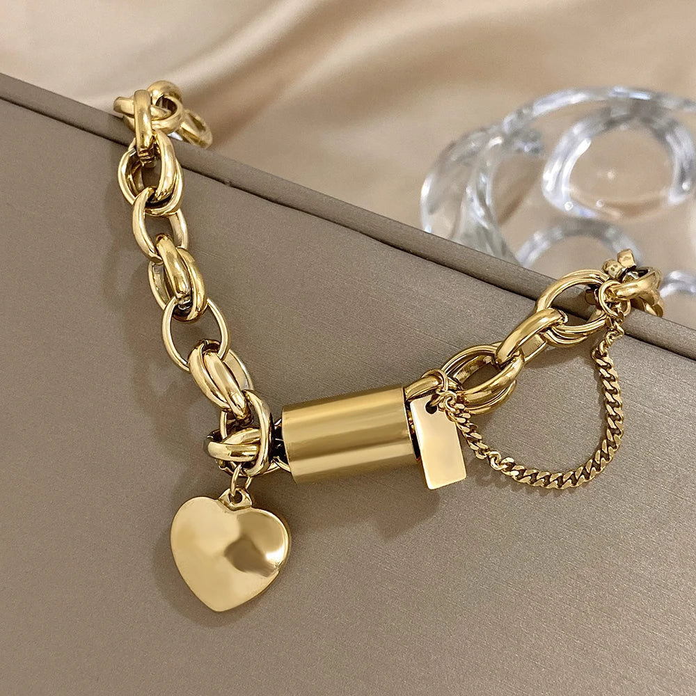 Heart Lock Stainless Steel Charm Bracelet Chunky Gold Plated Chain Love Bracelets Christmas Valentine Gift-Dollar Bargains Online Shopping Australia