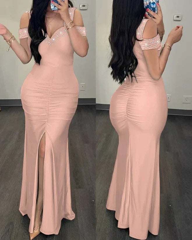 High Waist Evening Dresses Fashion Women's Clothes Rhinestone Cold Shoulder Slit Ruched Elegant Party Dress-Dollar Bargains Online Shopping Australia