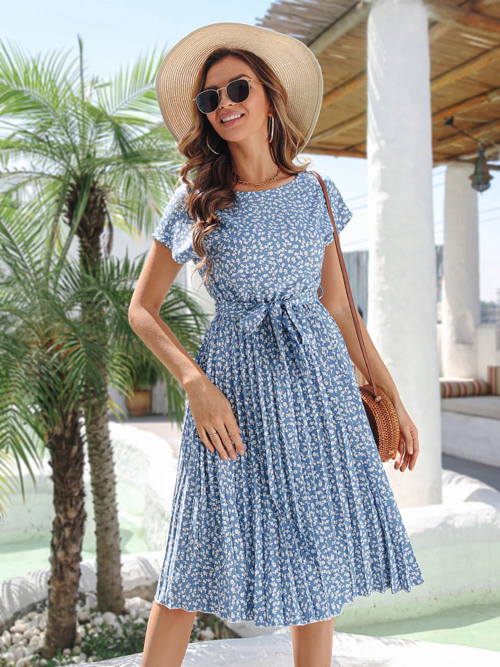 Fashion Floral Pleated A Line Long Dress Women Spring Summer Short Sleeve High Waist Chic Dress-Dollar Bargains Online Shopping Australia