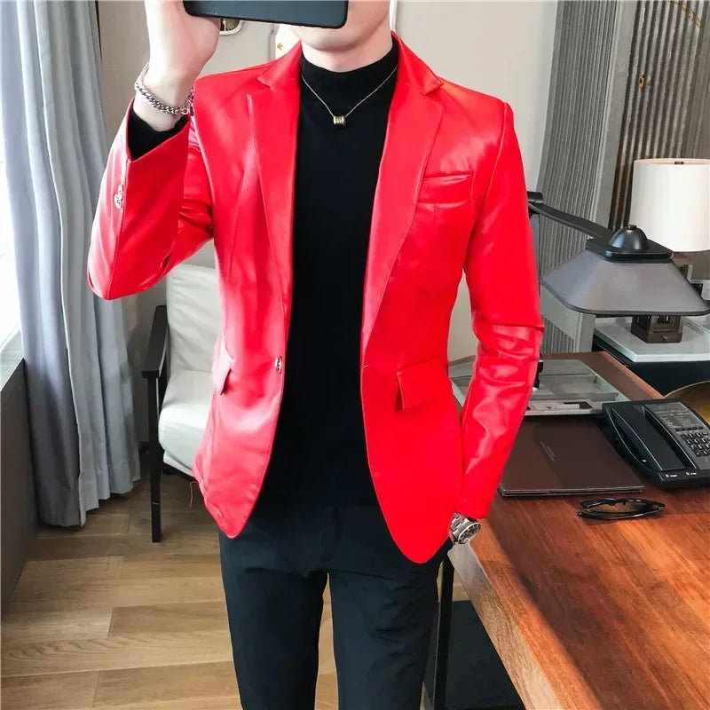 Men Fashion Casual Black White Suit Leather Jacket /Men Solid Color Business Suit Collar PU Blazers Dress Coat