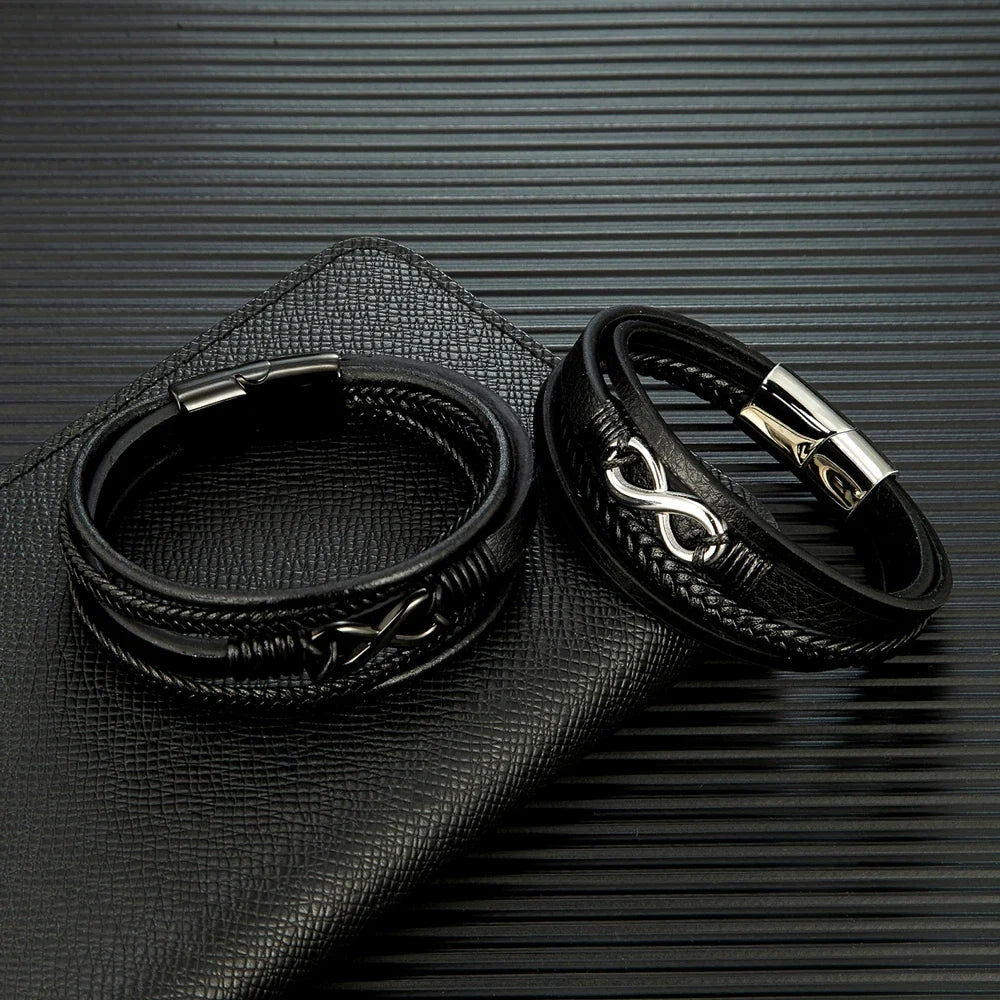 Classic Men Infinity Bracelet Woven Multilayer Braided Leather Bracelets For Women Black Stainless Steel Jewelry Gifts-Dollar Bargains Online Shopping Australia