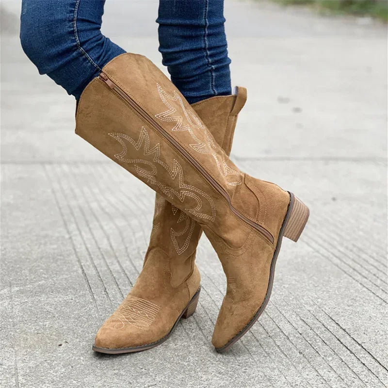 Embroidered Western Cowboy Boots for Women Autumn Pointed Toe Thick Heel High Knee Boots Woman Loose PU Leather Long-Dollar Bargains Online Shopping Australia