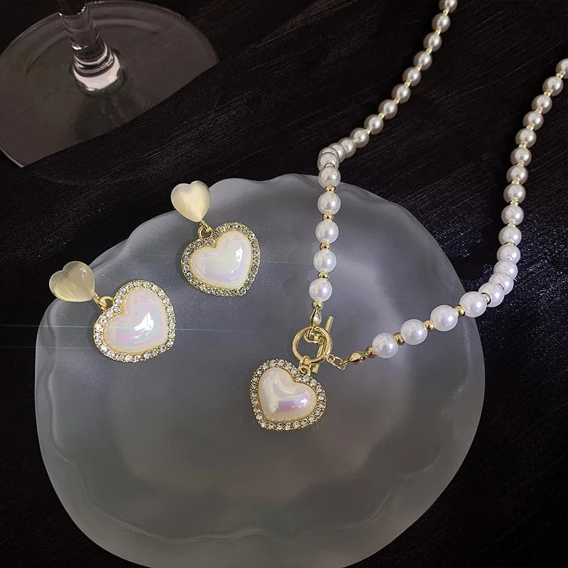 Heart Pearl Earrings Necklaces Set Elegant Charm French Romantic Clavicle Chain Anniversary Gift Jewelry Set Collares-Dollar Bargains Online Shopping Australia