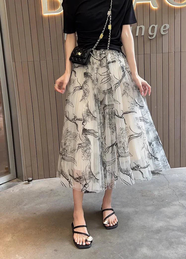 Women Flocking Flower Bird Tulle Gauze Skirt Elegant Sweet Elastic Waist Midi Floral Mesh Skirt-Dollar Bargains Online Shopping Australia