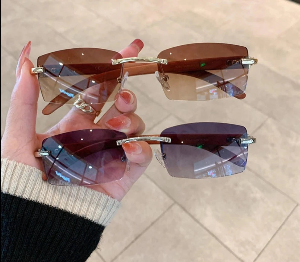 Rectangle Rimless Sunglasses Wooden Frame Eyewear Luxury Brand Design Women Men Small Square Sun Glasses for Male Traveling