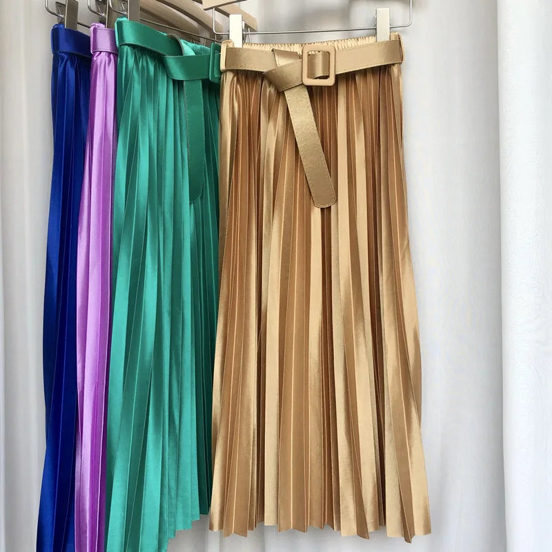 High Waist Elegant Stain Women's Pleated Skirts with Belted Solid Skirts Mi-long Umbrella Skirt Spring Summer