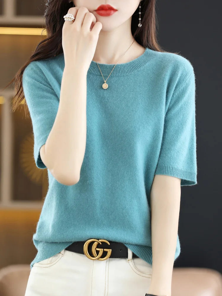 Short-sleeved Knitwear Women O-neck T-shirt Wool Cotton Blend Pullover Vest Sprig Summer Bottoming Tops Sweater Solid Soft-Dollar Bargains Online Shopping Australia