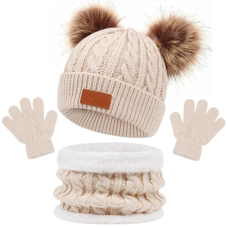 3Pcs Winter Baby Hat Scarf Gloves Set Solid Color Toddler Bonnet Cute Pompom Knitted Hats Outdoor Warm Infant Accessories 1-5Y-Dollar Bargains Online Shopping Australia