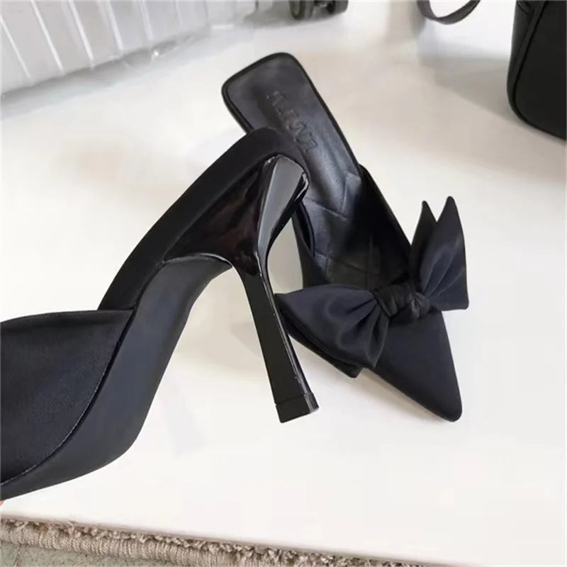 Butterfly-knot Mules Women Slippers Elegant Pointed Toe Thin High Heels Ladies Summer Fashion Party Prom Shoe-Dollar Bargains Online Shopping Australia