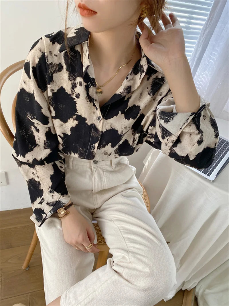 Leopard Print Sweet Women's Blouse Long Sleeve Loose Top Summer Fashion Casual Shirt