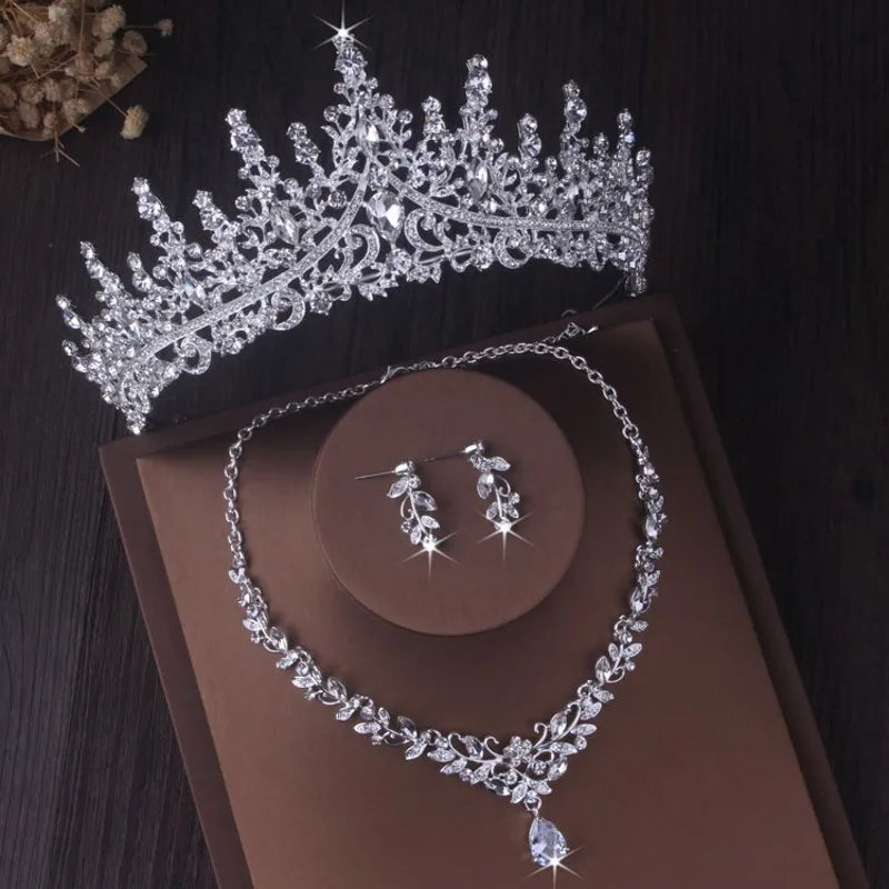 Silver Color Crystal Bridal Jewelry Sets Fashion Tiaras Crown Earrings Choker Necklace Women Wedding Dress Jewelry Set-Dollar Bargains Online Shopping Australia