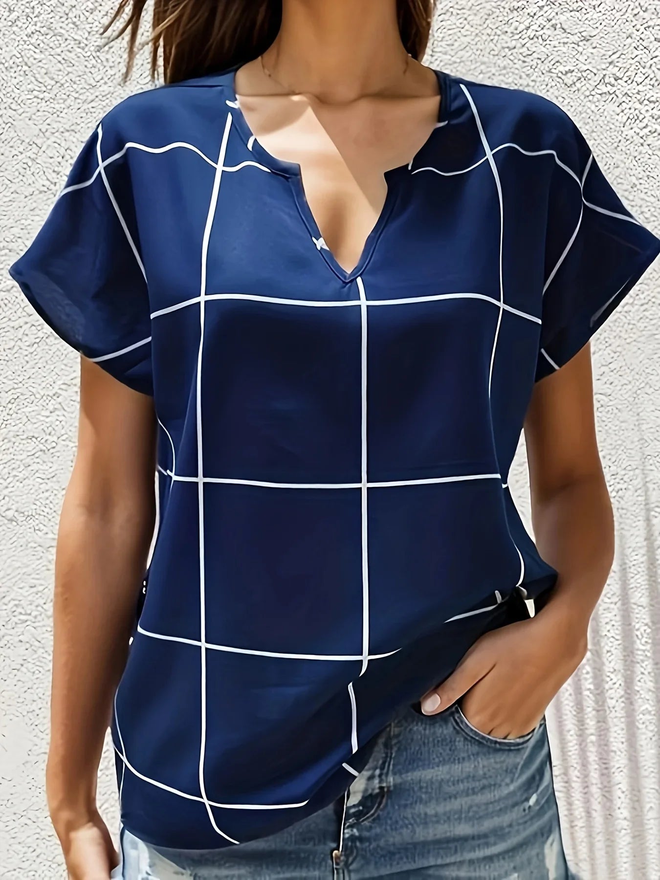 Women Plaid Printed Blouses Shirts Casual V Neck Short Sleeve Tops Ladies Basic Chic Blouses Tops-Dollar Bargains Online Shopping Australia