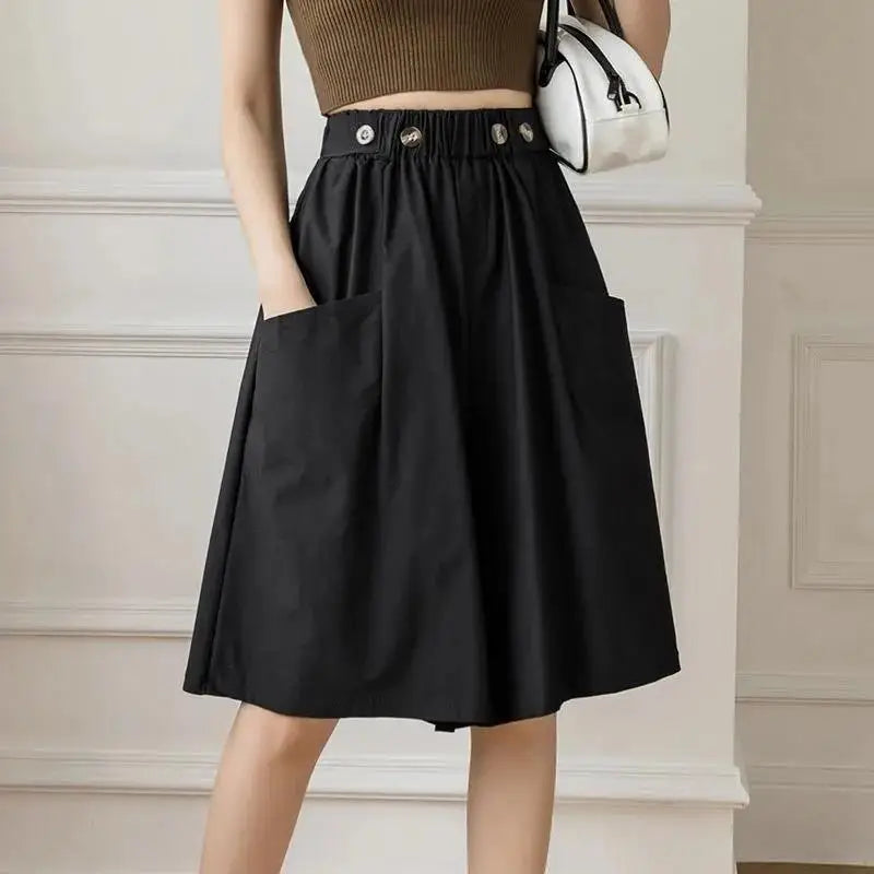 Women High Waist Irregular Knee Length Skirt Pants Office Lady's All-Match Loose Oversize Button Pockets Wide Leg Pants Elegant-Dollar Bargains Online Shopping Australia