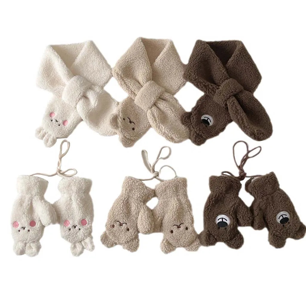 2Pcs Winter Baby Scarf Gloves Set Lamb Wool Thick Kids Scarves Mittens Suit for Girl Boy Cartoon Bear Bunny Children Neck Warmer-Dollar Bargains Online Shopping Australia