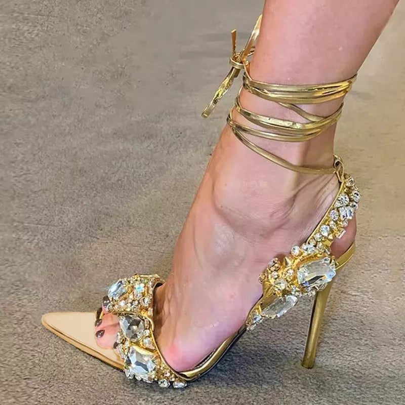 Ankle Strap Golded Sandals Women Party Nightclub Stripper Heels High Quality Crystal Diamond Pointed Toe Wedding Shoe-Dollar Bargains Online Shopping Australia