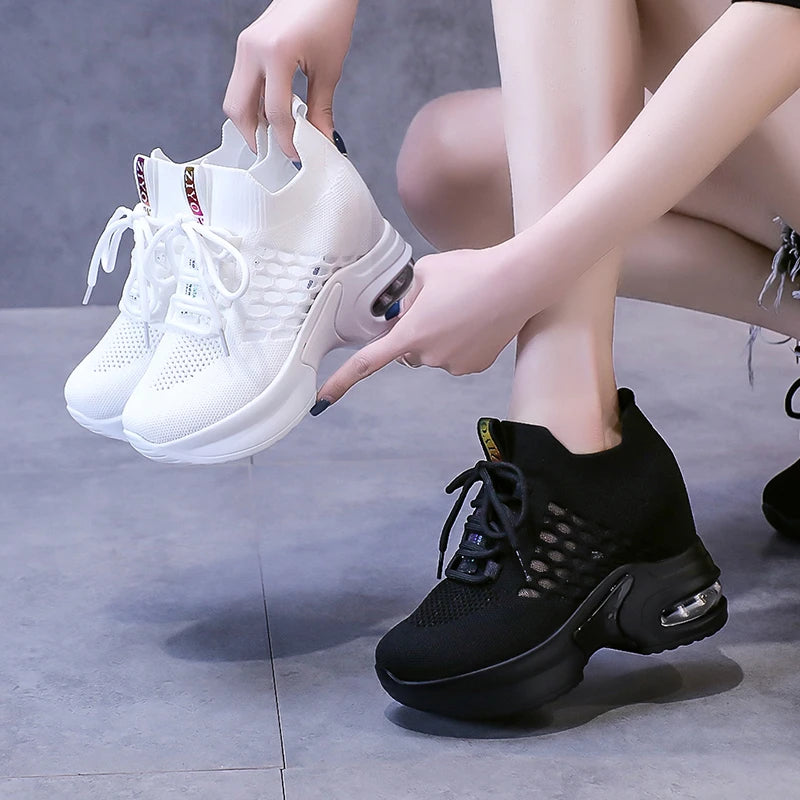 Breathable Mesh Sneakers Summer 9CM Hollow Out Sport White Shoes Woman Wedge Casual Chunky Shoes High Platform Dad Shoe Mujer