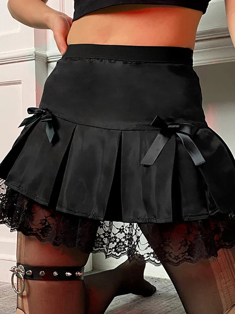 Goth Dark Lace Gothic High Waist Pleated Mini Skirts Harajuku Black E-Girl Sweet A-Line Micro Skirt Patchwork Women Sexy Party-Dollar Bargains Online Shopping Australia