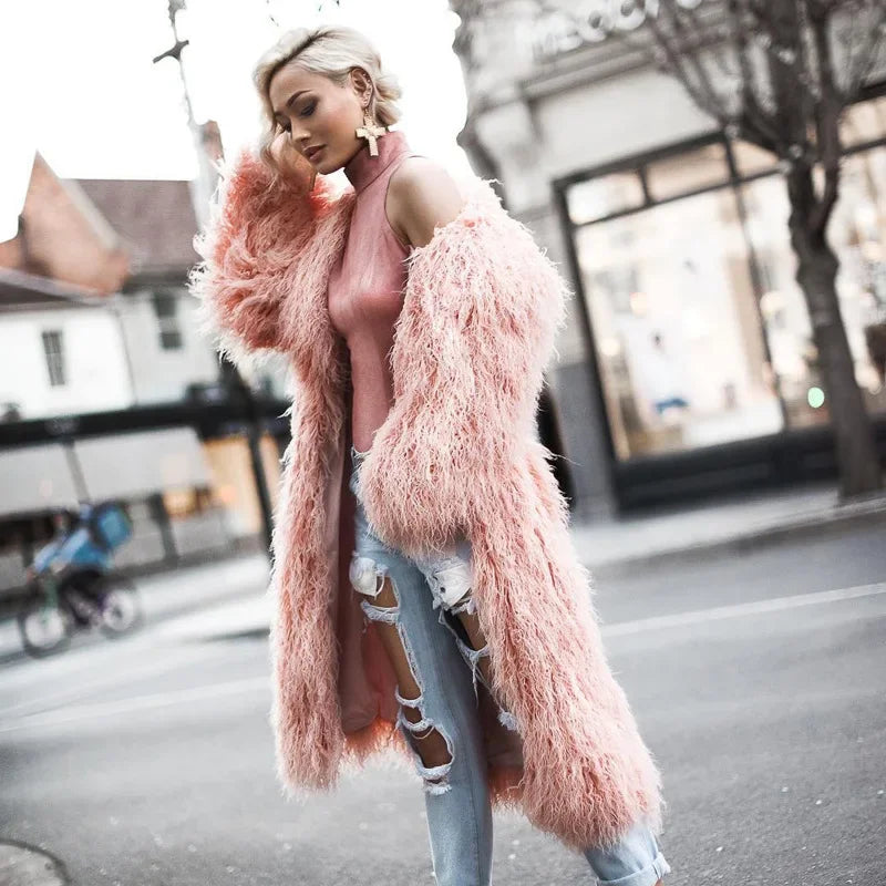 Faux Fur Long Jacket Lapel Furry Coats Overcoat Women Fashion Winter Warm Plush Trenchcoat-Dollar Bargains Online Shopping Australia