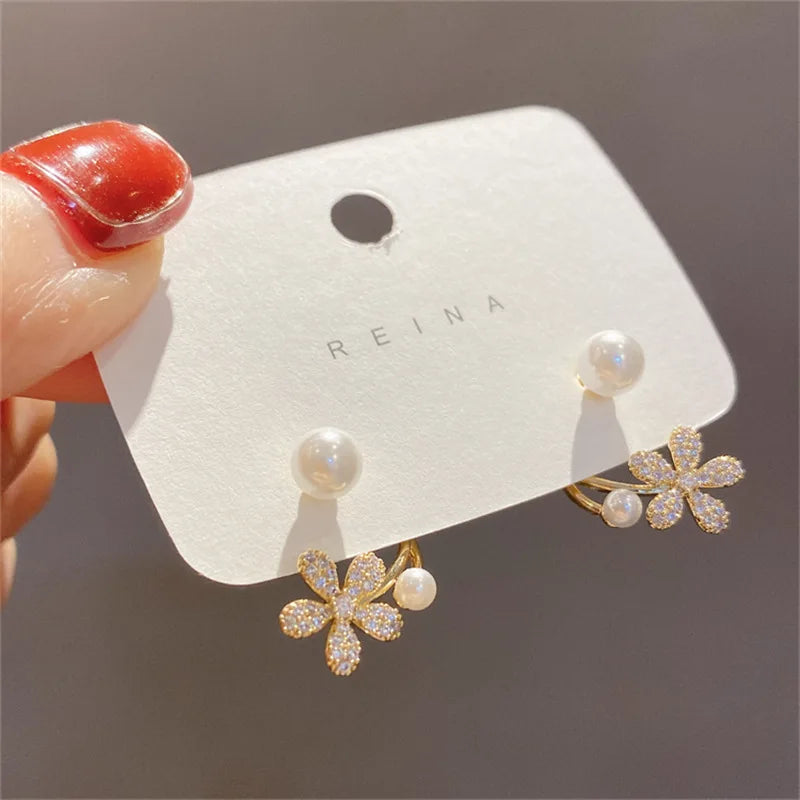 Korean Vintage Pearl Crystal Earrings For Women Jewelry High-class Luxury Zircon Flower Butterfly Leaf Women's Stud Earrings-Dollar Bargains Online Shopping Australia