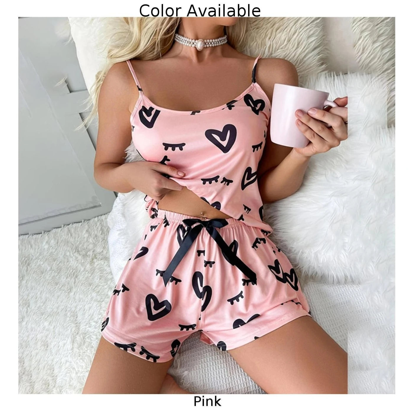 Sexy Summer Love Print Lingerie 2 Pieces Pajama Sets Slip Camisole +shorts Glossy Sleepwear Pyjamas Clothing Set For Women