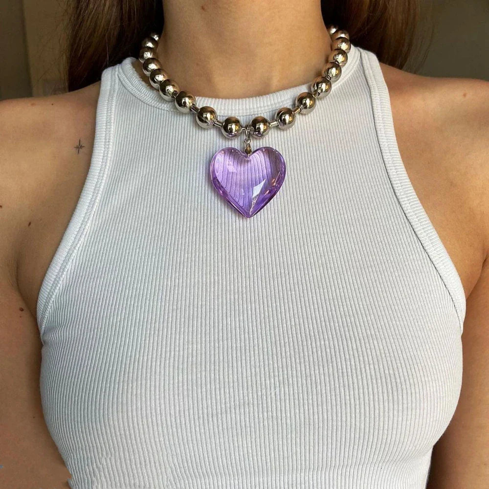 Grunge Fashion Glass Heart Pendant Necklace Y2K Oversize Ball Beads Chain Statement Choker Necklace for Women Club Punk Jewelry-Dollar Bargains Online Shopping Australia