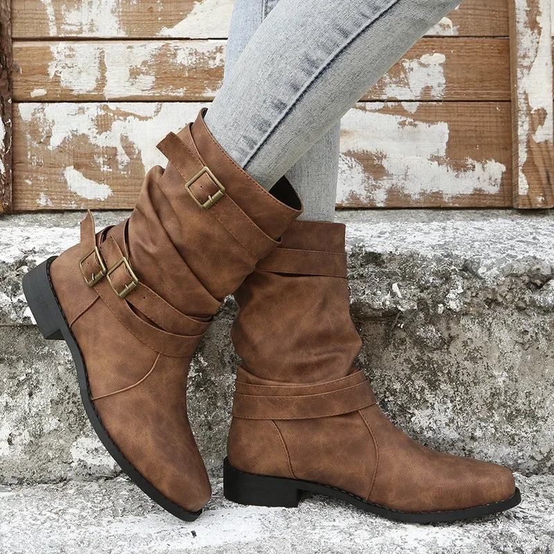 Women Boots European and American Fashion Buckle Pleated Short Boots Autumn and Winter New Flat Boots Women Shoes-Dollar Bargains Online Shopping Australia