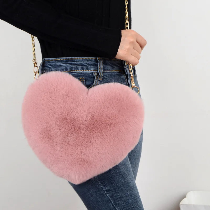 Fashion Women Heart Shaped Handbags Cute Kawaii Faux Fur Crossbody Bags Wallet Purse Plush Chain Shoulder Bag Lady Handbag