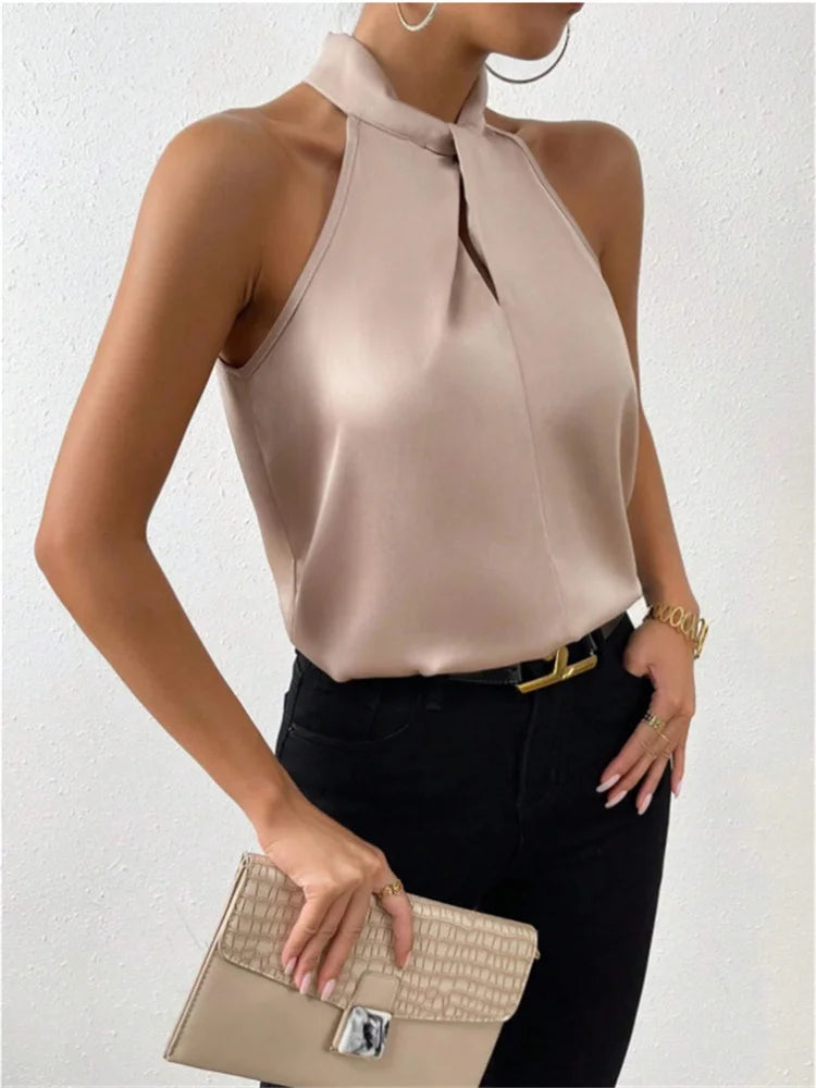 Women Summer Style Blouses Shirts Lady Casual Sleeveless Stand Collar Elegant Blouse Tops