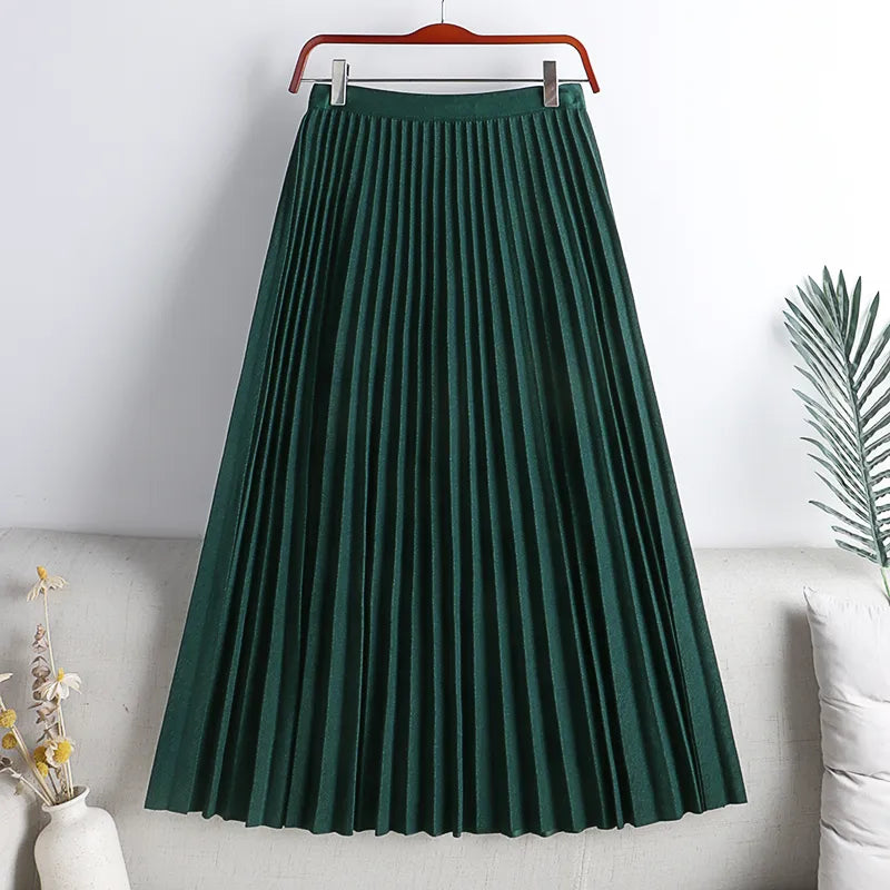 Pleated Skirt Elegant Elastic High Waist A-LINE Office Ladies Work Midi Long Skirt Black Green Grey Autumn Winter Women's Skirt-Dollar Bargains Online Shopping Australia