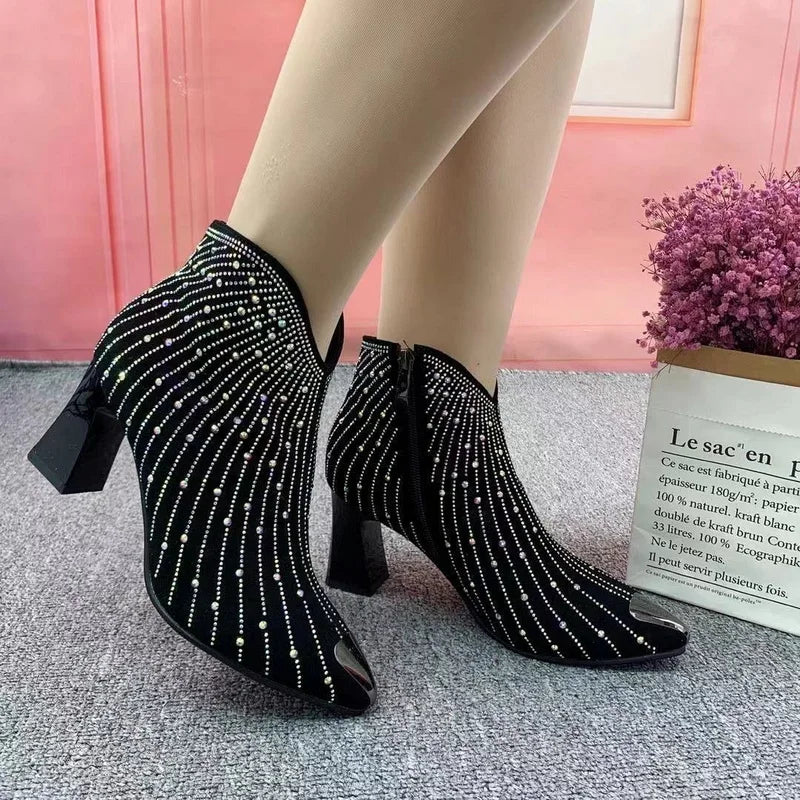 Women Rhinestone Ankle Boots Shine Short Side Zip Pointed Toe shoes Black-Dollar Bargains Online Shopping Australia