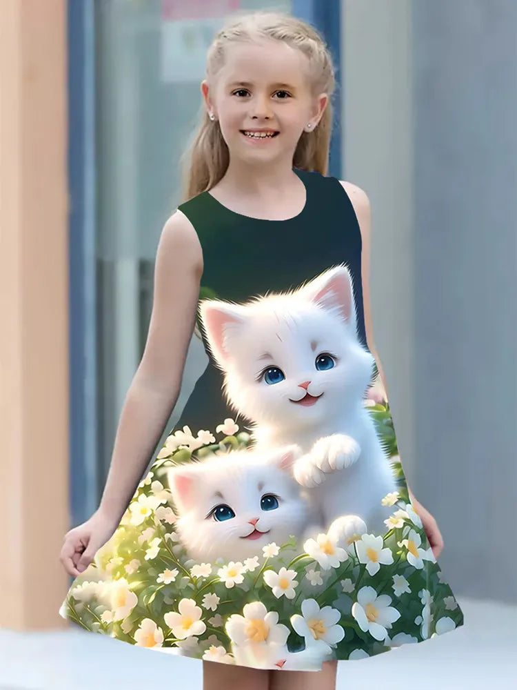 Summer Dress Girls Kids Clothes Casual Sleeveless O-neck Cat 3D Print Children Princess Dress-Dollar Bargains Online Shopping Australia