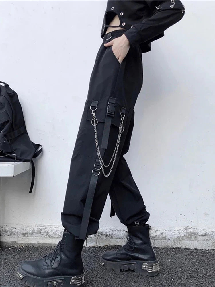 Women Cargo Pants Harem Pants Fashion Punk Pockets Jogger Trousers With Chain Harajuku Elastics High Waist Streetwear-Dollar Bargains Online Shopping Australia