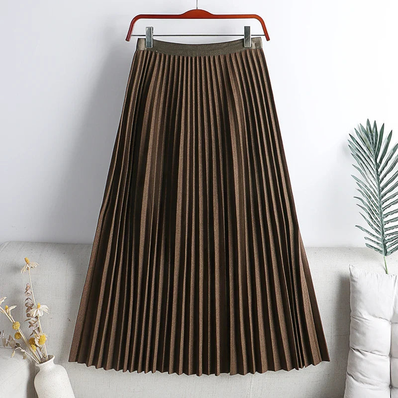 Pleated Skirt Elegant Elastic High Waist A-LINE Office Ladies Work Midi Long Skirt Black Green Grey Autumn Winter Women's Skirt-Dollar Bargains Online Shopping Australia