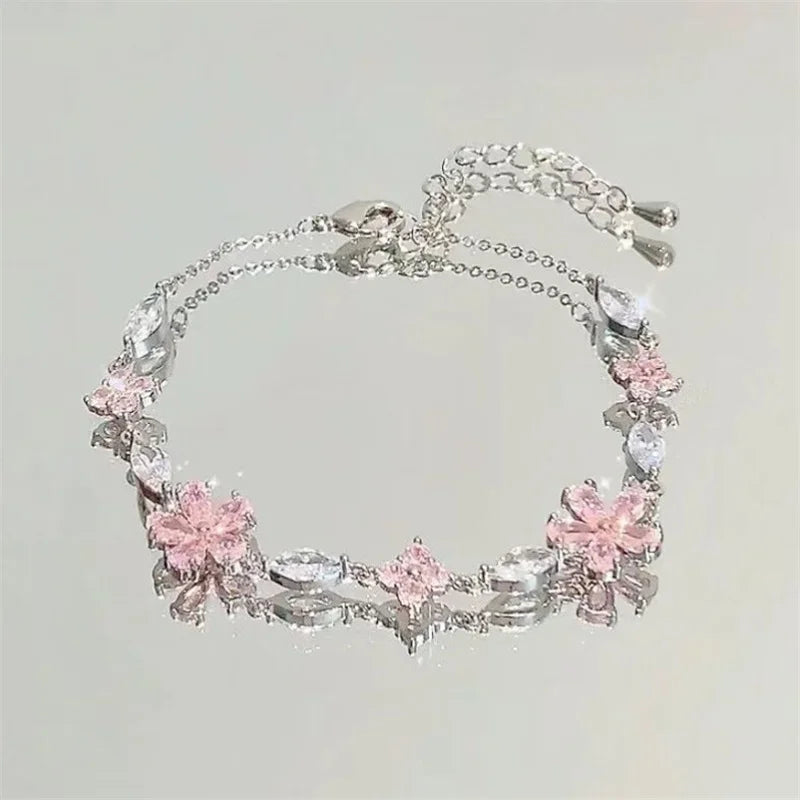 Shiny Pink Crystal Cherry Blossom Bracelets For Women Girls Sweet Moon Bow Flowers Zircon Bracelet Party Aesthetic Egirl Jewelry-Dollar Bargains Online Shopping Australia