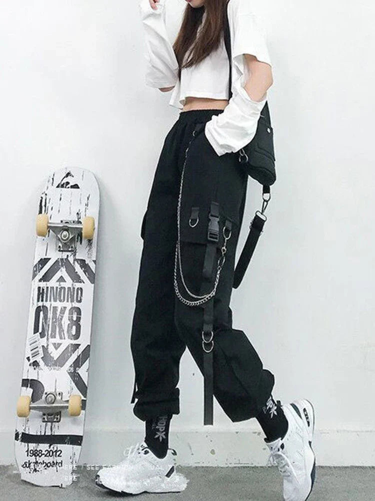 Women Cargo Pants Harem Pants Fashion Punk Pockets Jogger Trousers With Chain Harajuku Elastics High Waist Streetwear-Dollar Bargains Online Shopping Australia