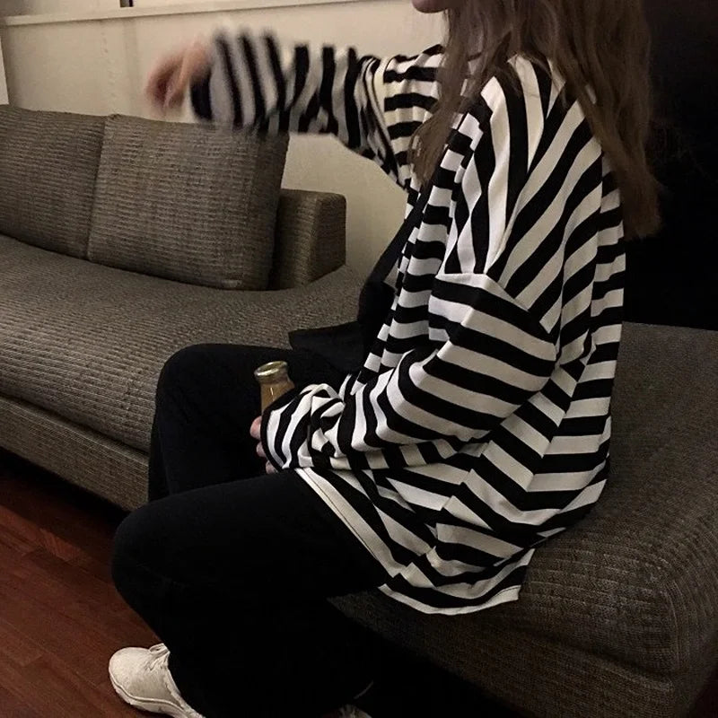 Women harajuku Striped Tshirt Long Sleeve O-Neck T-Shirts oversized T Shirt-Dollar Bargains Online Shopping Australia