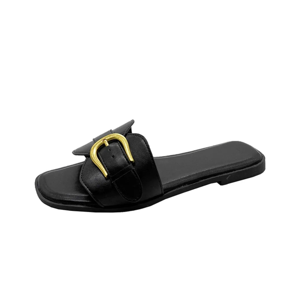 Summer Women Slippers Leather Square Toe Women Flats Flip Flops Designer Ladies Slides Sandals Women Shoes Luxury Sandals-Dollar Bargains Online Shopping Australia