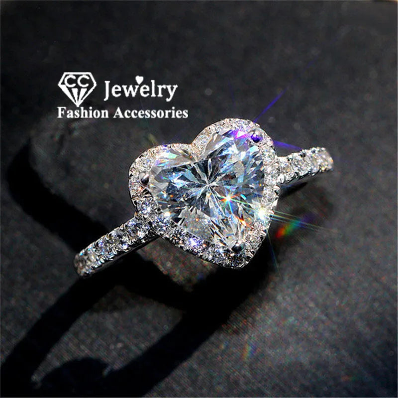 CC Heart Rings for Women Silver Color Wedding Engagement Bridal Jewelry Cubic Zirconia Stone-Dollar Bargains Online Shopping Australia