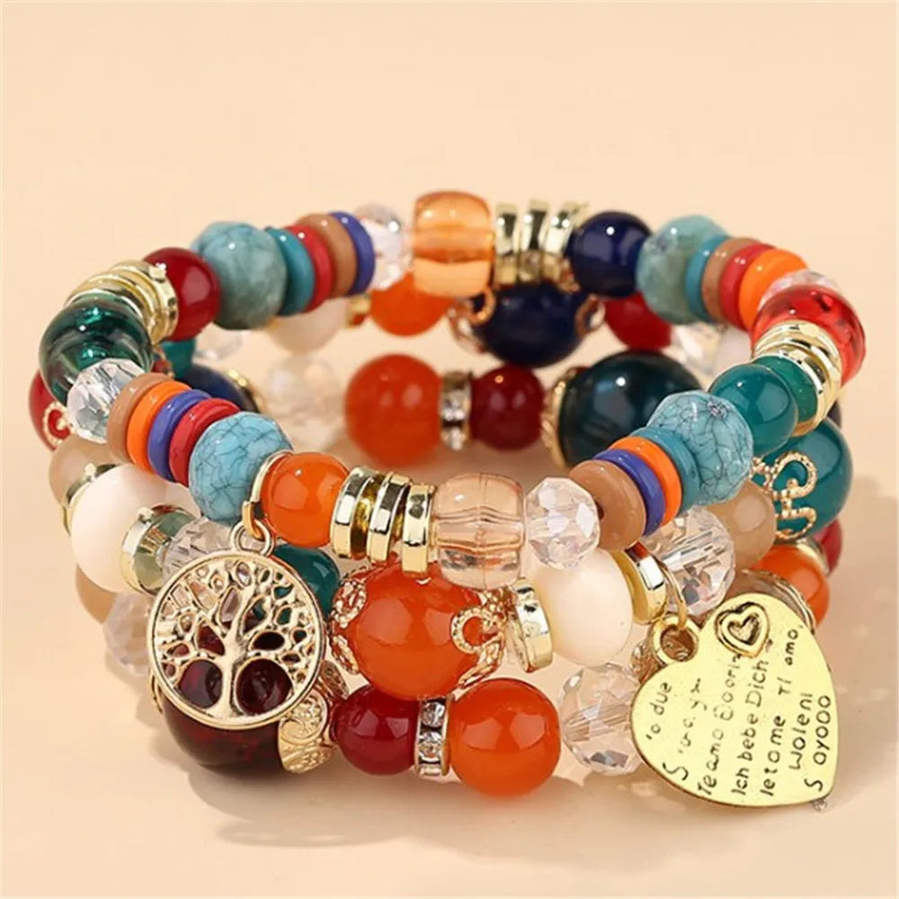 Bohemian Pink Crystal Beads Heart Charm Bracelets Women Girls Ethnic Tree Of Life Charm Wrap Bracelet-Dollar Bargains Online Shopping Australia