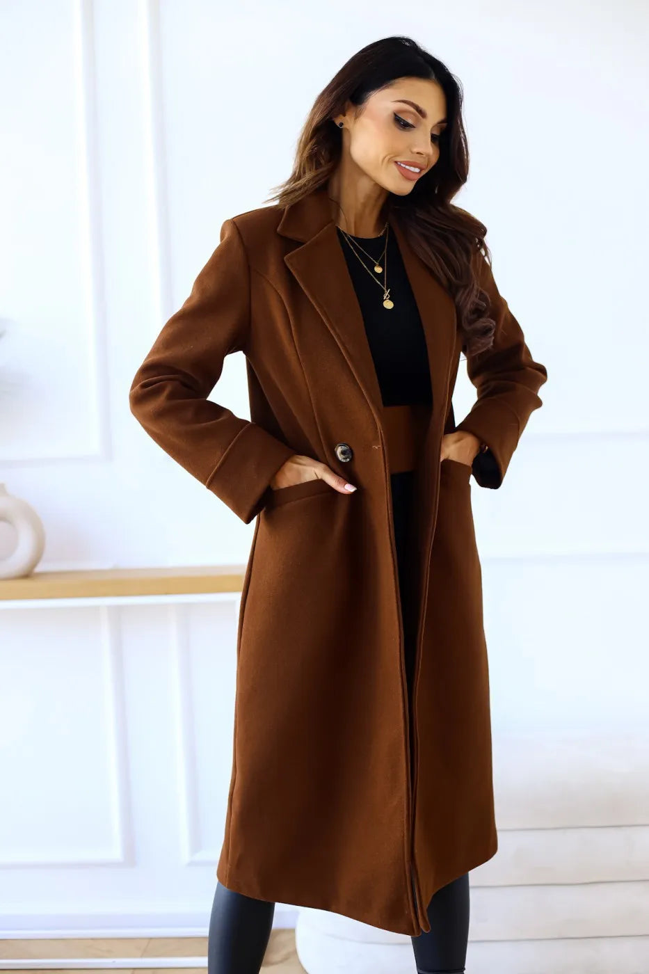 simple long-sleeved lapel double-breasted woolen coat for women