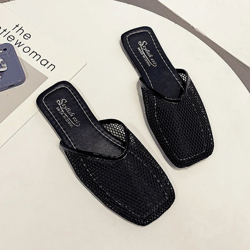 Women Slippers Sexy Mesh Mules Indoor Home Slides Square Toe Female Flats Shoes Outdoor Clogs Beach Sandals-Dollar Bargains Online Shopping Australia