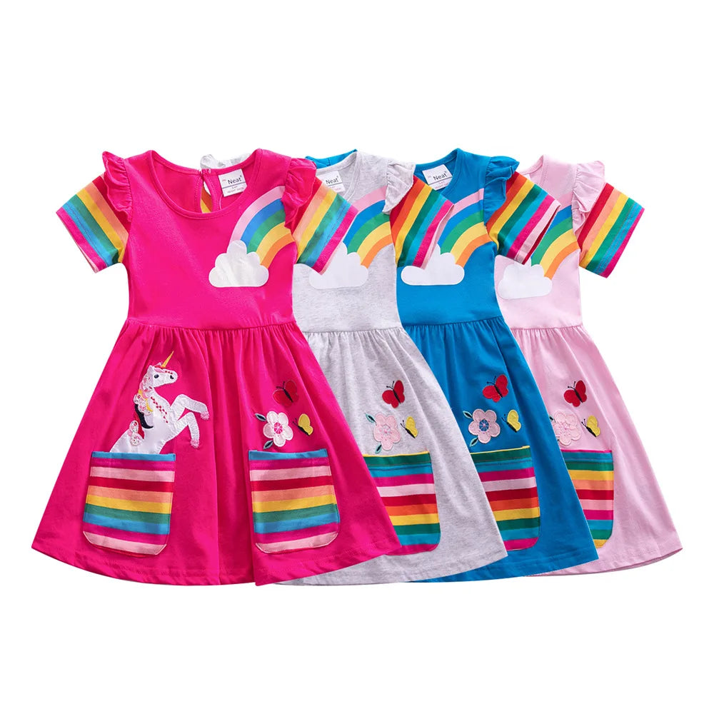 Girls Short Sleeve Unicorn Dress New Summer Embroidered Two Pockets Rainbow Sleeve-Dollar Bargains Online Shopping Australia